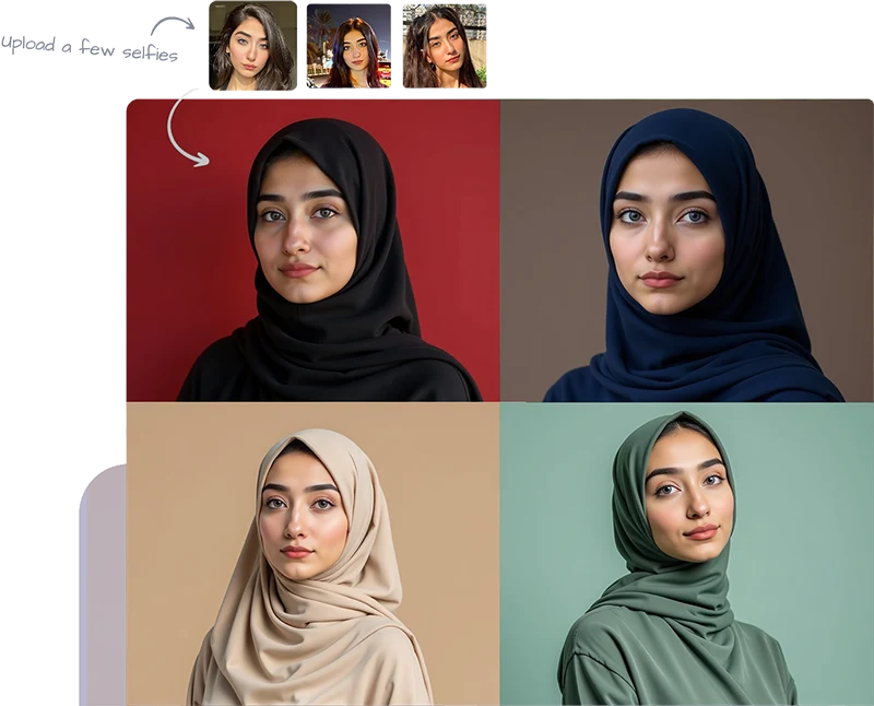 Before and after photos of a woman turned into AI headshots created by HijabAI