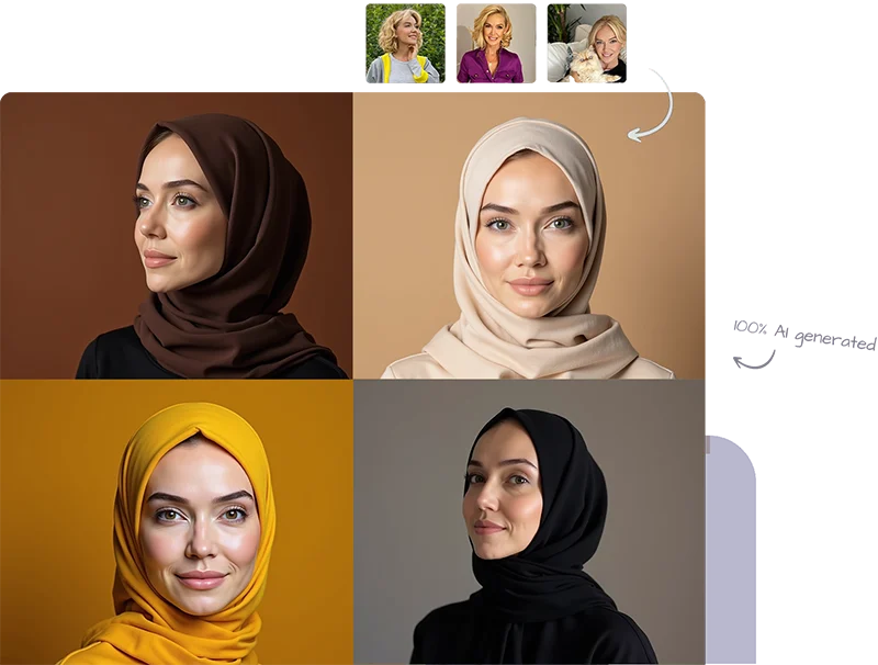 Before and after photos of a woman turned into AI headshots created by HijabAI