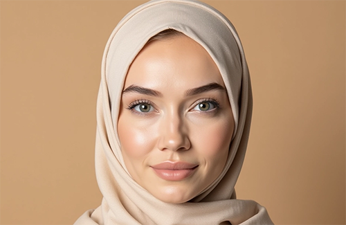 Torso-level AI headshot of a woman in a park generated by HijabAI