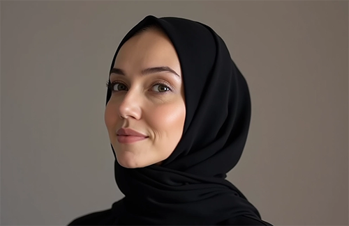 Torso-level AI headshot of a woman in an office created by HijabAI